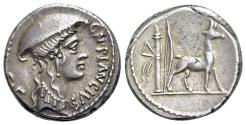 Ancient Coins - Roman Republican Cn. Plancius. 55 BC. AR Denarius. Rome mint. Head Diana Planciana R/ Cretan goat standing
