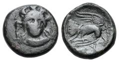 Ancient Coins - Euboia, Chalkis, c. 245-196. Æ 13mm. Bust of Hera. R/ Eagle flying, holding serpent.