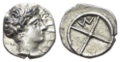 Ancient Coins - Gaul, Massalia, c. 410-380. AR Obol. R/ M within four-spoked wheel