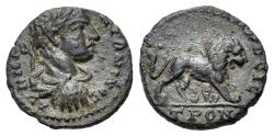 Ancient Coins - Moesia Inferior. Nicopolis ad Istrum. Elagabalus (218-222). Æ Hemiassarion. Laureate, draped and cuirassed bust to r., seen from behind. R/ΤΡΟΝ Lion walking r.
