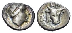 Ancient Coins - Caria, Knidos, c. 4th/3rd century BC. AR Hemidrachm. Head of Aphrodite Eupolia. R/ Bull's head
