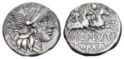 Ancient Coins - ROME REPUBLIC C. Plutius. 121 BC. AR Denarius. Rome mint. R/ The Dioscuri