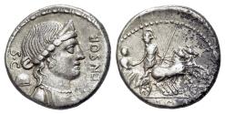 Ancient Coins - ROME REPUBLIC L. Farsuleius Mensor. 76 BC. AR Denarius. Rome mint. R/ Roma holding spear and reins in biga, assisting togate figure into chariot