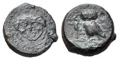 Ancient Coins - Sicily, Kamarina, c. 420-405 BC. Æ Onkia. Gorgoneion. R/ OWL RARE