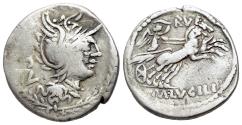 Ancient Coins - ROME REPUBLIC M. Lucilius Rufus, Rome, 101 BC. AR Denarius. Helmeted head of Roma  R/ Victory, holding whip, in biga