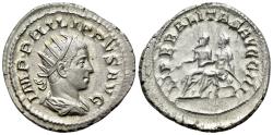 Ancient Coins - Philip II (AD 247-249). AR Antoninianus. Rome, 247-9. R/ Philip I and Philip II seated on curule chair.