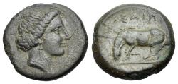 Ancient Coins - Thessaly, Larissa, c. 400-350 BC. Æ Dichalkon. Head of Nymph Larissa  R/ HORSE