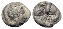 Ancient Coins - Southern Apulia, Tarentum, c. 380-325 BC. AR Diobol
