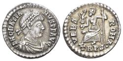 Ancient Coins - Gratian (AD 367-383). AR Siliqua. Treveri (Trier) mint. Struck AD 367-375. R/ Roma seated