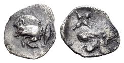 Ancient Coins - Mysia, Kyzikos, c. 450-400 BC. AR Hemiobol. Forepart of boar  R/ Head of lion