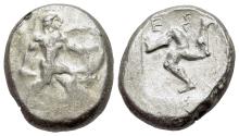Ancient Coins - Pamphylia, Aspendos, c. 465-430 BC. AR Stater. Warrior R/ Triskeles