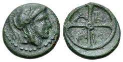 Ancient Coins - Macedon, Akanthos, c. 400-358 BC. Æ 15mm R/ Wheel with four spokes; ethnic between spokes