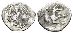 Ancient Coins - Lycaonia, Laranda, c. 324/3 BC. AR Obol. Baaltars seated  R/ Forepart of wolf