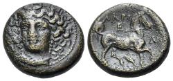 Ancient Coins - Thessaly, Larissa, c. 356-342 BC. Æ 20mm. Head of the nymph Larissa facing. R/ HORSE