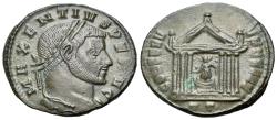 Ancient Coins - Maxentius (AD 307-312). Æ Follis. Ticinum, 307-8. R/ Roma seated in hexastyle temple