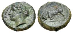 Ancient Coins - Sicily, Syracuse. Agathokles (317-289 BC). Æ Trias (?)  c. 317-310. Head of Kore R/ Bull butting