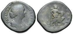 Ancient Coins - Faustina Junior (Augusta, AD 147-175). Æ Sestertius. R/ Cybele seated right between two lions