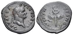 Ancient Coins - Vespasian (AD 69-79). AR Denarius (20mm, 3.33 g., 6h). Rome, AD 74. R/ Winged Caduceus
