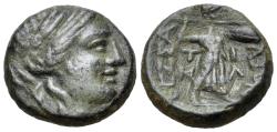 Ancient Coins - Thessaly, Thessalian League, c. 150 BC. Æ Trichalkon.  R/ Athena Itonia striding
