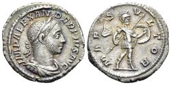 Ancient Coins - Severus Alexander (AD 222-235). AR Denarius. Rome, AD 232. . R/ MARS EXTREMELY FINE