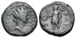Ancient Coins - Macedon, Thessalonica. Pseudo-autonomous issue, time of Antoninus Pius (138-161). Æ 21mm. Bust of Tyche  R/ Kabeiros standing