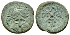 Ancient Coins - Thrace, Mesambria, c. 275/50-175 BC. Æ 15.5mm Crested Corinthian helmet facing. R/ WHEEL