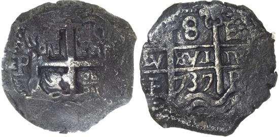 World Coins - Bolivia, Philip V (1700-1746), silver Cob of 8 Reales, 1737 PE, Potosi. In NGC holder graded VF 35 (2775554-004)