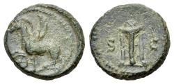 Ancient Coins - Anonymous, time of Domitian to Antoninus Pius. Æ Quadrans. Griffin, forepaw on wheel. R/ Tripod
