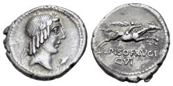 Ancient Coins - ROME REEPUBLIC L. Calpurnius Piso Frugi. 90 BC. AR Denarius. Rome mint. Laureate head of Apollo  R/ HORSEMAN