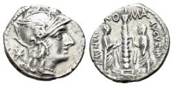 Ancient Coins - ROME REPUBLIC Ti. Minucius C.f. Augurinus, Rome, 134 BC. AR Denarius. R/ Ionic column surmounted by statue