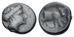 Ancient Coins - Euboia, Histiaia, c. 4th-3rd century BC. Æ 13.5mm. Head of nymph Histiaia. R/ Forepart of bull
