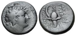 Ancient Coins - Seleukid Kings, Tryphon (c. 142-138 BC). Æ 17mm. Antioch on the Orontes.  R/ Spiked Macedonian helmet