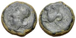 Ancient Coins - Sicily, Syracuse, 400-390 BC. Æ Litra. Head of Athena l., wearing Corinthian helmet decorated with wreath. R/ Hippocamp