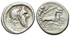 Ancient Coins - ROME REPUBLIC D. Silanus L.f., Rome, 91 BC. AR Denarius. Mask of Silenus. R/ Victory driving galloping biga
