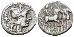Ancient Coins - ROME REPUBLIC M. Vargunteius, Rome, 130 BC. AR Denarius. R/ Jupiter driving triumphal quadriga