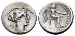 Ancient Coins - ROME REPUBLIC M. Porcius Cato, Rome, 89 BC. AR Denarius. R/ Victory seated