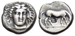 Ancient Coins - THESSALY, Larissa (Circa 400-370 BC). AR Drachm. Head of the nymph Larissa R/ HORSE