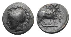 Ancient Coins - Thessaly, Pharsalos, late 5th-mid 4th century BC. Æ Chalkous. R/ Armored Thessalion warrior on horse