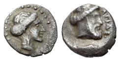 Ancient Coins - Cilicia, Nagidos, c. 400-380 BC. AR Obol. Head of Aphrodite R/ Bearded head of Dionysos