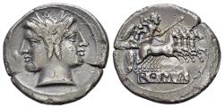 Ancient Coins - Anonymous, Rome, 218 BC. AR Quadrigatus. Laureate head of Janus; R/ Jupiter in quadriga