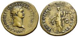Ancient Coins - Domitian. AD 81-96. Æ Dupondius. Rome mint. Struck AD 85. R/ FORTUNA TIBER pattina