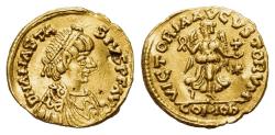 Ancient Coins - OSTROGOTHS. Theoderic. As king of the Goths (AD 474/5-493), or ruler of Italy, 493-526. AV Tremissis. In the name of Anastasius. Rome mint. Struck 491-518.