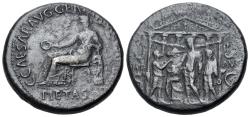 Ancient Coins - Gaius (37-41) Æ Sestertius. Rome circa 37-38.  R/ Gaius, sacrificing over garlanded altar in hexastyle temple.