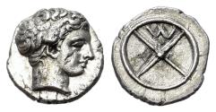 Ancient Coins - Gaul, Massalia, c. 410-380. AR Obol. R/ M within four-spoked wheel.