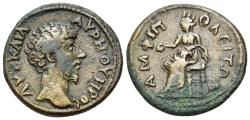 Ancient Coins - Lucius Verus (AD 161-169). Macedon, Amphipolis. Æ 25mm. R/ Tyche seated