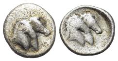 Ancient Coins - ITALY. CALABRIA, Tarentum (Circa 280-228 BC). AR Diobol. Jugate heads of horses. VERY RARE