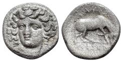 Ancient Coins - Thessaly, Larissa, c. 356-337 BC. AR Hemidrachm. Head of the nymph Larissa . R/ Horse standing