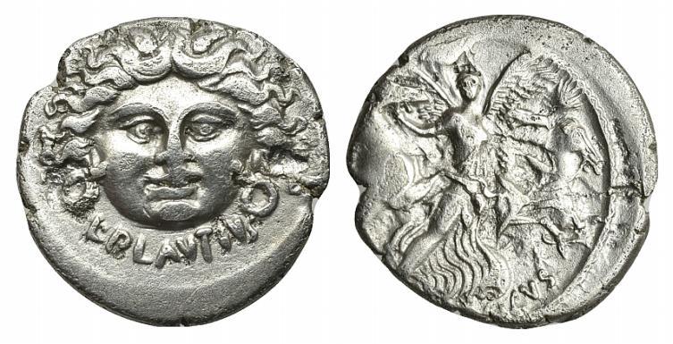 L. Plautius Plancus denarius c. 47 BC. Mask of Medusa 