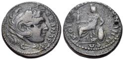 Ancient Coins - Macedon, Koinon of Macedon. Pseudo-autonomous issue, time of Severus Alexander  (222-235). Æ 26mm. Head of Alexander III, as Herakles. R/ Macedonia seated