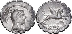 Ancient Coins - ROME REPUBLIC L. Papius (79 BC.) AR Denarius serratus. R/ Gryphon symbols: wing - sandal